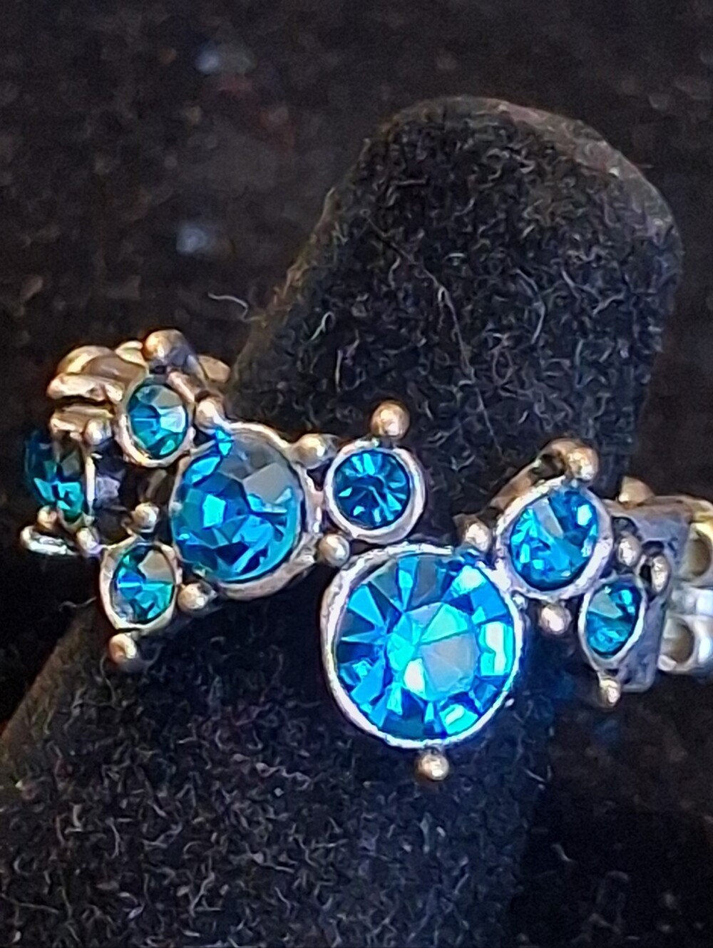 Paparazzi Blue Crystal Cluster Silvertone Stretch Ring - Women Jewelry
